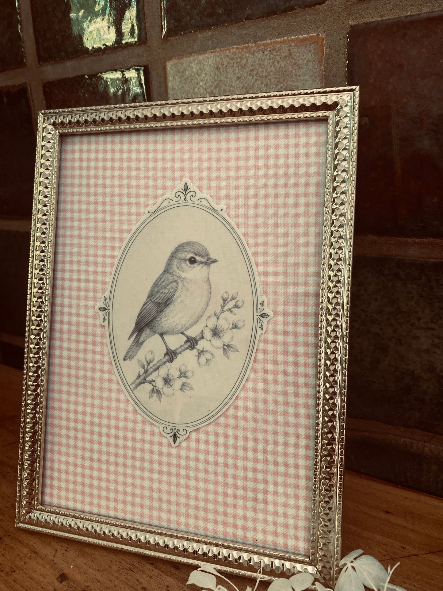 🌿 Cadre décoratif Éléonore vichy rose tendre oiseau