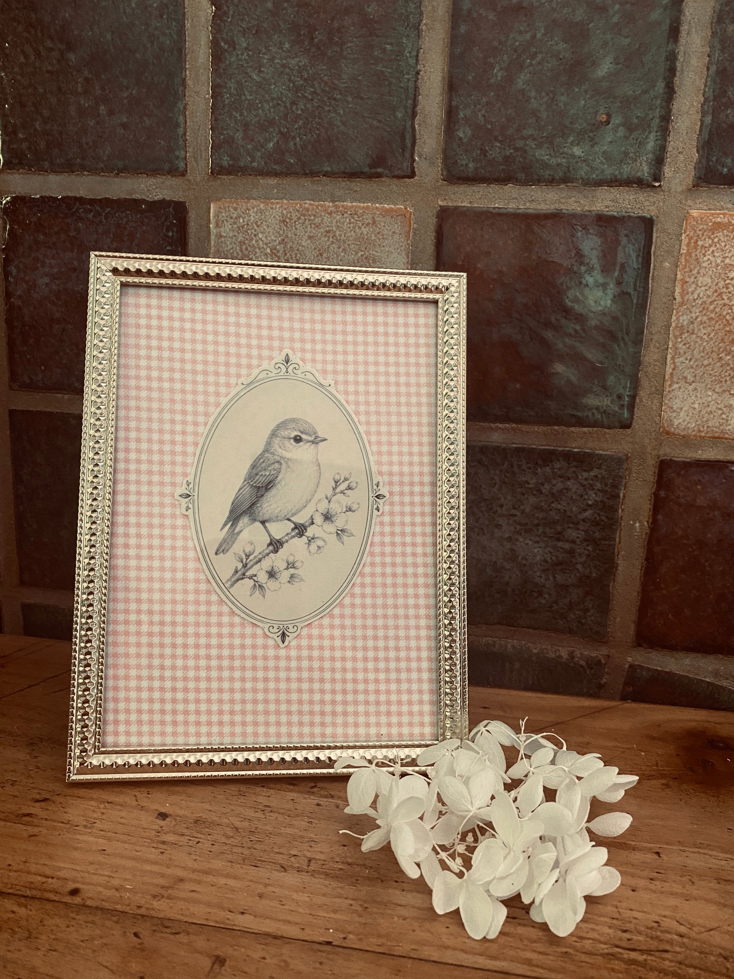 🌿 Cadre décoratif Éléonore vichy rose tendre oiseau