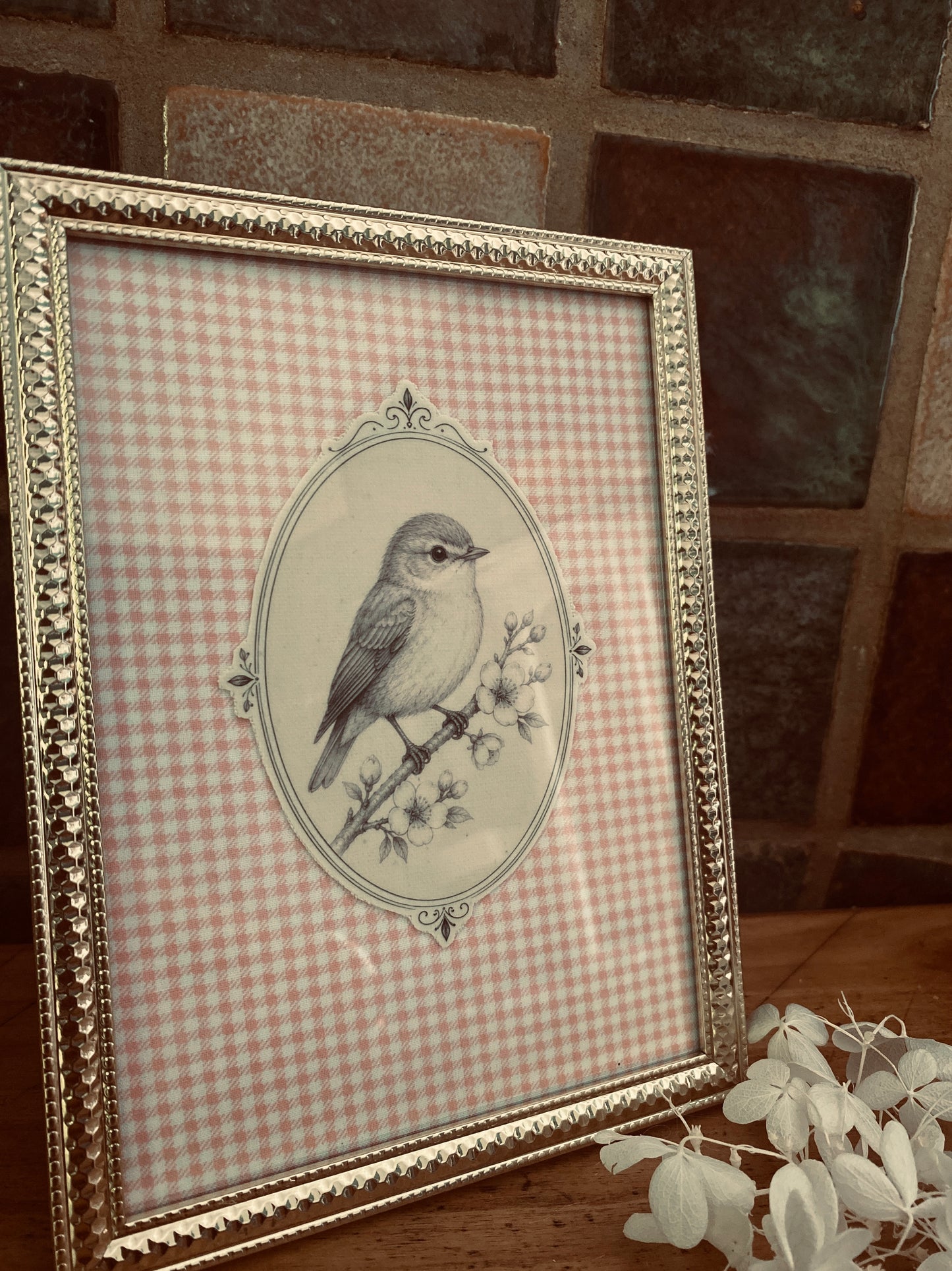 🌿 Cadre décoratif Éléonore vichy rose tendre oiseau