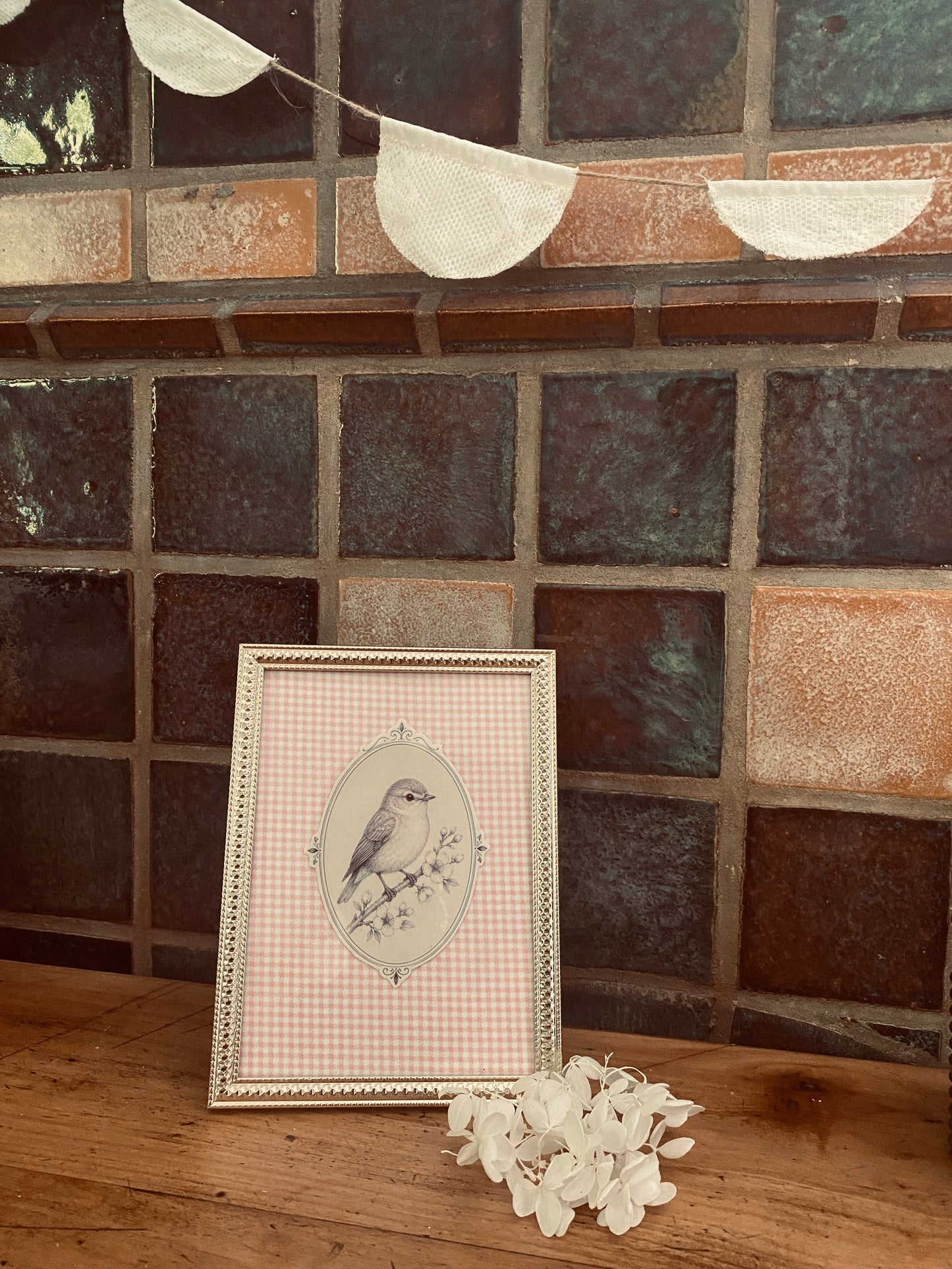 🌿 Cadre décoratif Éléonore vichy rose tendre oiseau